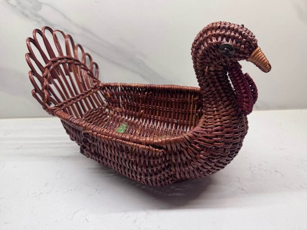 Vintage Handwoven Brown Wicker Rattan Turkey Basket Fall Harvest Centerpiece